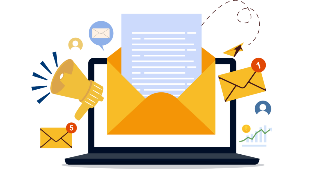 Ilustração sobre como ganhar dinheiro com newsletter, com envelope digital, megafone e gráfico de crescimento.