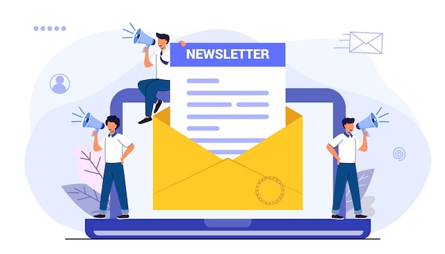Ilustração sobre como criar uma newsletter grátis, com envelope digital e criadores divulgando conteúdo.